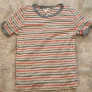 white shirt w/ blue, grey and red stripes
